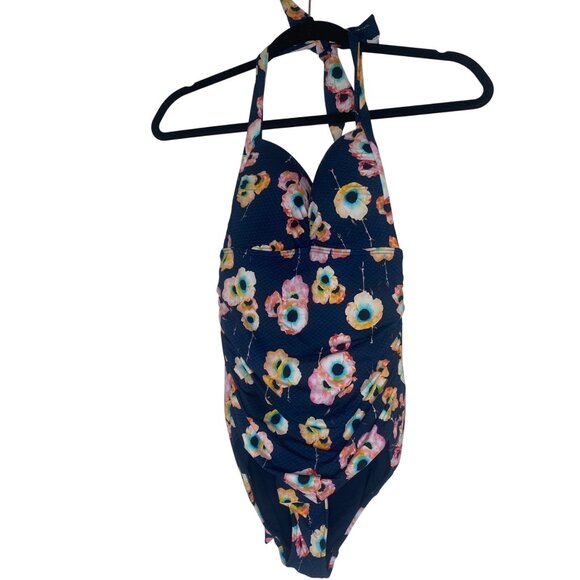 Seafolly Halter One Piece Swimsuit Womens Size 10 (US 6 )Floral Print Ruched Re - Picture 1 of 12